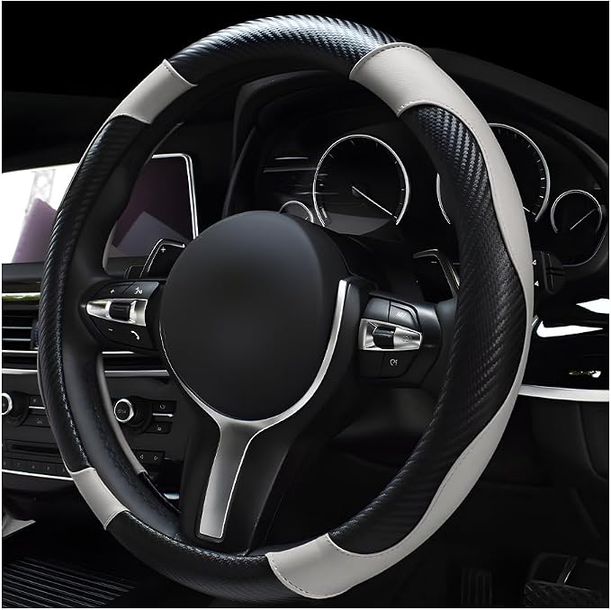 Car Steering Wheel Cover, 15 Inch Leather Breathable Auto Steering Wheel Protector, Comfortable Non-Slip Vehicle Steering Wheel Covers, Universal Car Accessories (White, with Lining)