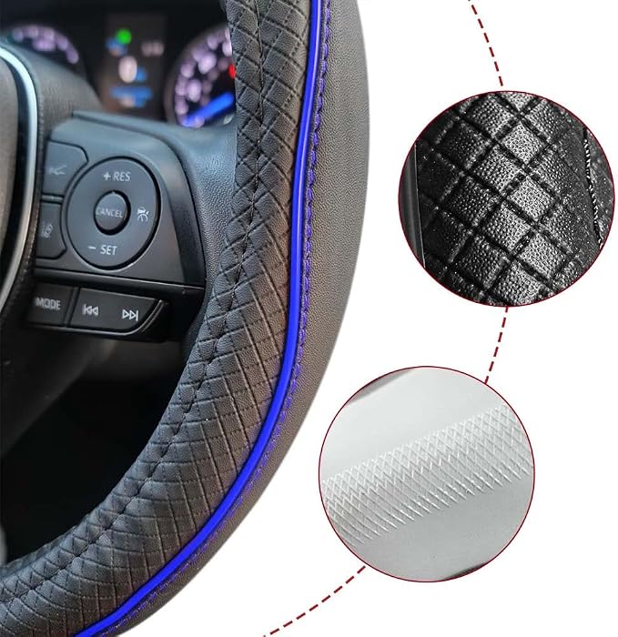 Car Steering Wheel Cover, Durable Leather Cover with Anti-Slip Lining, Breathable Auto Wheel Cover Protector, Universal 15 Inch Anti-Slip Steering Wheels for Men & Women (Black Blue)