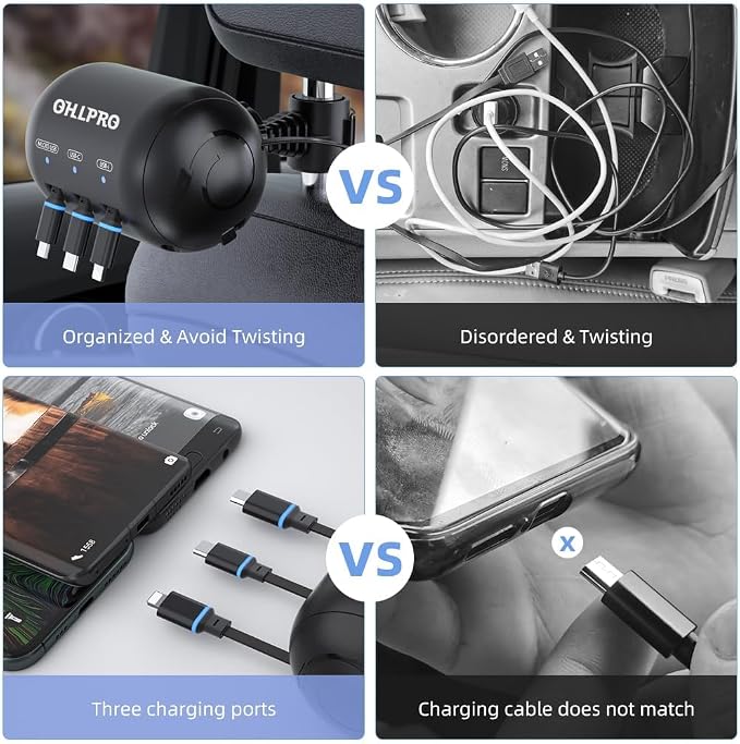 Multi Car Retractable Backseat 3 in 1 Car Charging Station Box Compatible with All Phones | iPhone | Samsung | Uber Taxi Lyft Turo Ride Share Customer Charging Dock Attach to Headrest
