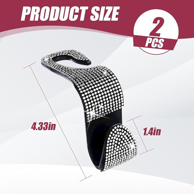 2 Pack Car Hooks, Bling Rhinestones Crystal Hooks, Auto Seat Back Organizers, Car Decorations Backseat Hanger, Car Seat Hooks Perfect for Holding Handbags, Clothes, Purses and Water Bottles