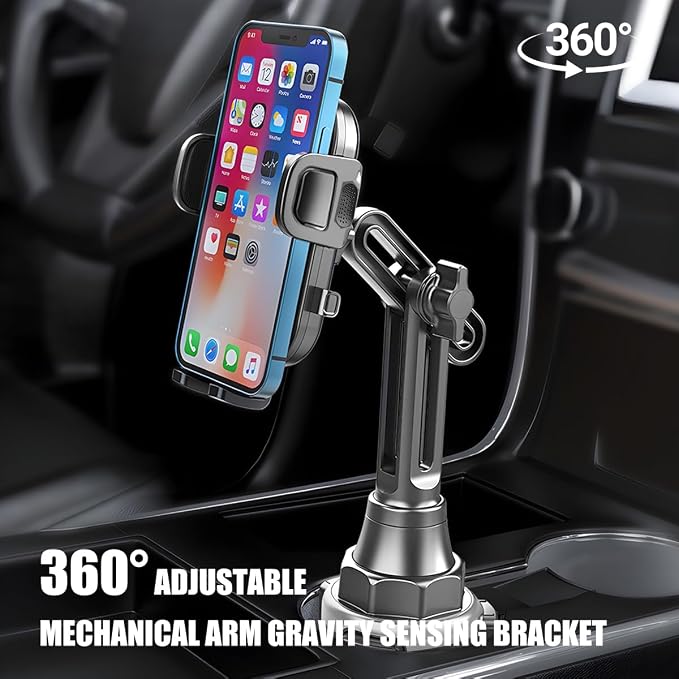 Car Cup Phone Holder, 360° Rotation Carbon Fiber Vehicle Cup Cellphone Holder with Long & Adjustable Neck, Auto Interior Smartphone Expander Mount Accessories, Universal Fit (Silver)