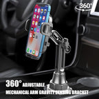 Car Cup Phone Holder, 360° Rotation Carbon Fiber Vehicle Cup Cellphone Holder with Long & Adjustable Neck, Auto Interior Smartphone Expander Mount Accessories, Universal Fit (Silver)