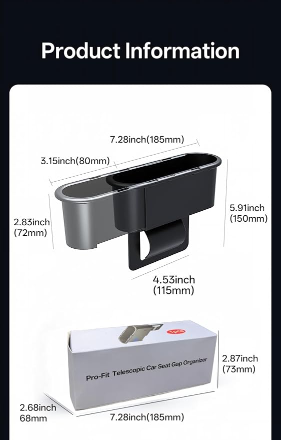 Expandable Car Seat Gap Filter Organizer, Adjustable 185-265mm | Universal front seat console side pocket, sliding gap storage box, fits phone keys wallet, seat gap filler, stop drops