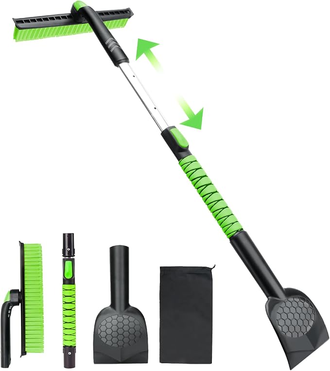 45.6" Ice Scraper and Snow Brush for Car Windshield [Silicone Bristles],3-in-1 Extendable Emergency Snow Shovel with Ergonomic Foam Grip and 360° Pivoting Brush Head for Christmas, Car Auto Truck SUV