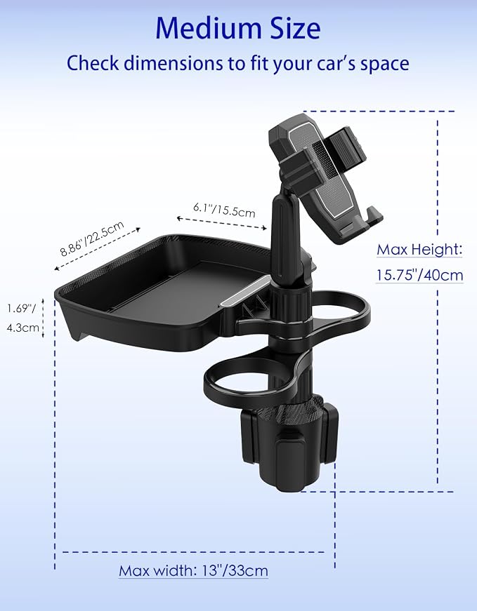 Car Cup Holder Tray - 4 in 1 Adjustable Car Cup Holder Expander with Food Tray Table and Phone Mount 360° Swivel for All Purpose, Automotive Essentials for Driver and Front Passenger