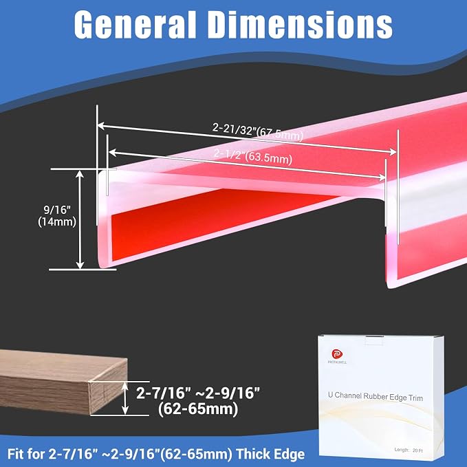 Rubber Edge Trim, Self-Adhesive U Channel Edge Trim, Edge Protector for Plywood and Wood, Peel and Stick U Shaped Edge Banding, Silicone Rubber Material, Clear Color, Fit 2-1/2"(63.5mm)