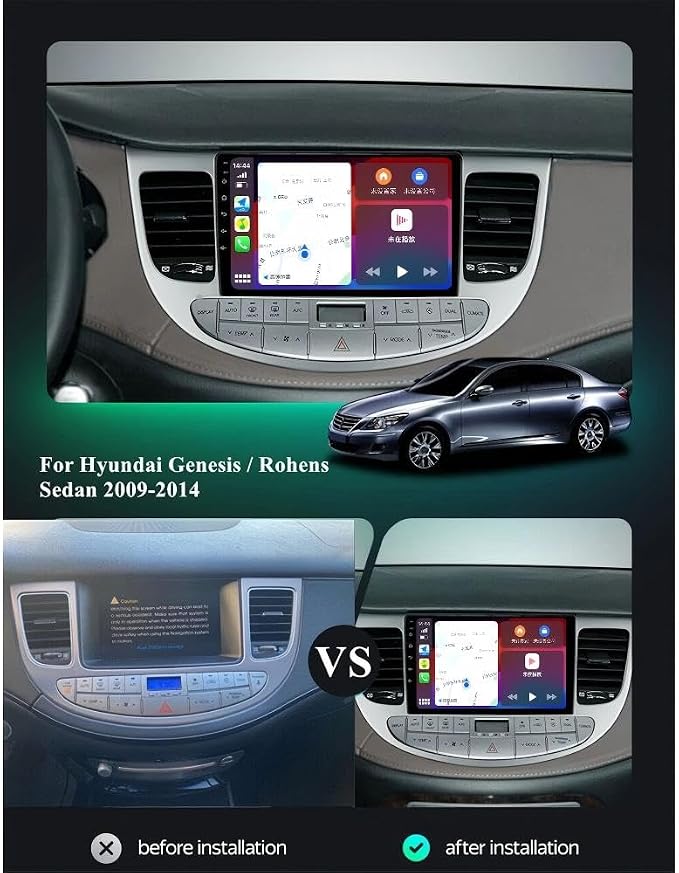 Android 13 Car Stereo for Hyundai Genesis 2009-2014, 2+64GB, 9-inch Touchscreen with CarPlay Android Auto, GPS Navigation, Bluetooth, WiFi, FM Radio, AHD Backup Camera