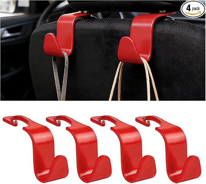 Car Seat Headrest Hook, 4PCS Vehicle Seat Back Hanger Storage Organizer for Handbag Purse Coat, Auto Interior Headrest Hook, Universal for SUV Automobile Truck (Red)