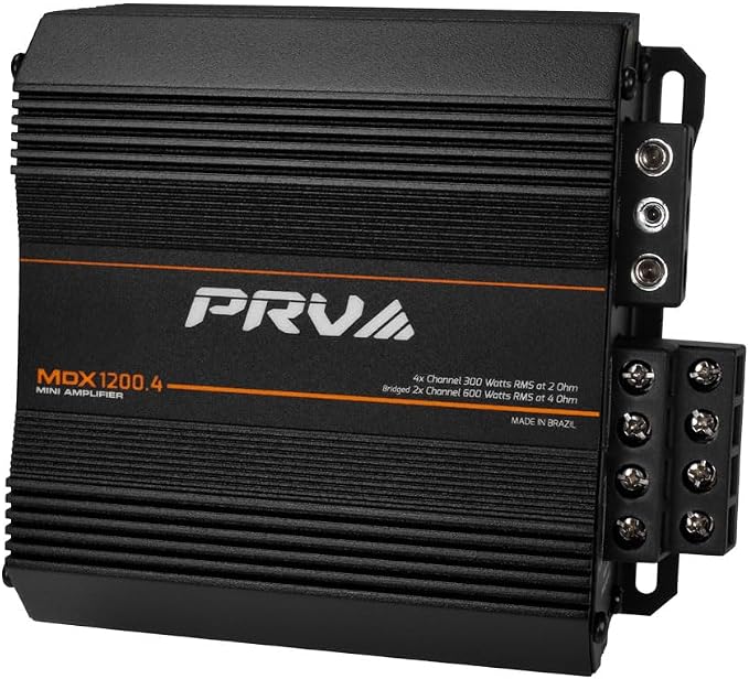 MDX1200.4 2 Ohm Mini 4 Channel Car Audio Amplifier 4 x 300 Watts RMS at 2 Ohm - 1200 Watt 12 Volts Bridgeable Amp for Powersports, Motorcycles, ATV, for High Power Stereo Speaker Systems