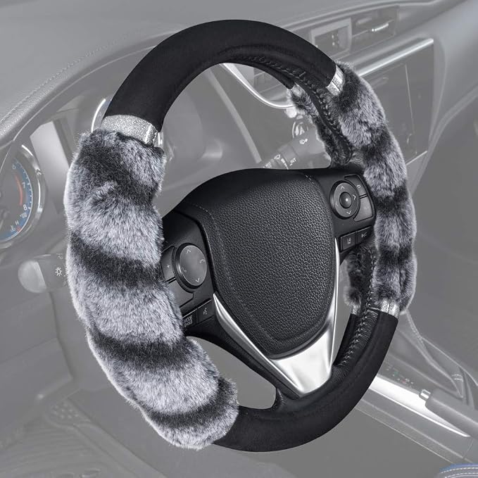 Bear Fur Plush Steering Wheel Cover - Cute Faux Wool Protector for Women Girls Fits Wheels 14.5-15 inch Two Tone Black/Gray - with Glitter