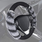 Bear Fur Plush Steering Wheel Cover - Cute Faux Wool Protector for Women Girls Fits Wheels 14.5-15 inch Two Tone Black/Gray - with Glitter