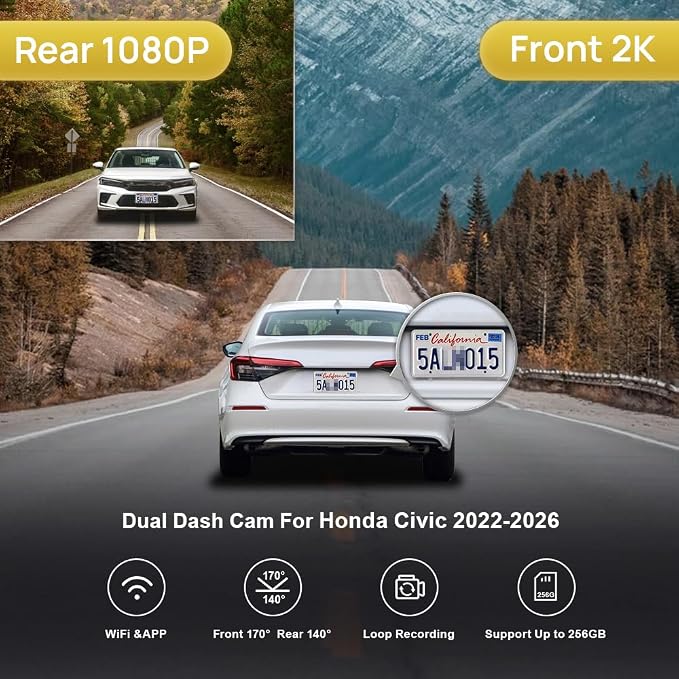 Front 2K+Rear 1080P Dash Cam Adapts for Honda Civic 2022-2026 (Black Cover) & Type R Si, OEM Factory Look, Dual HD Video, Loop Recording, WiFi & APP, G-Sensor, Easy to Set, 64GB Card
