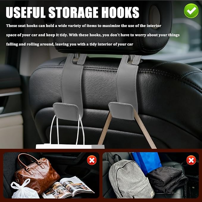 2PCS Car Seat Headrest Hooks, Purse Hook for Car, Automotive Headrest Handbags Holder, Auto Accessories Leather Seatback Organizer Hanger for Hanging Purses Bags Coats (Gray, 2PCS)