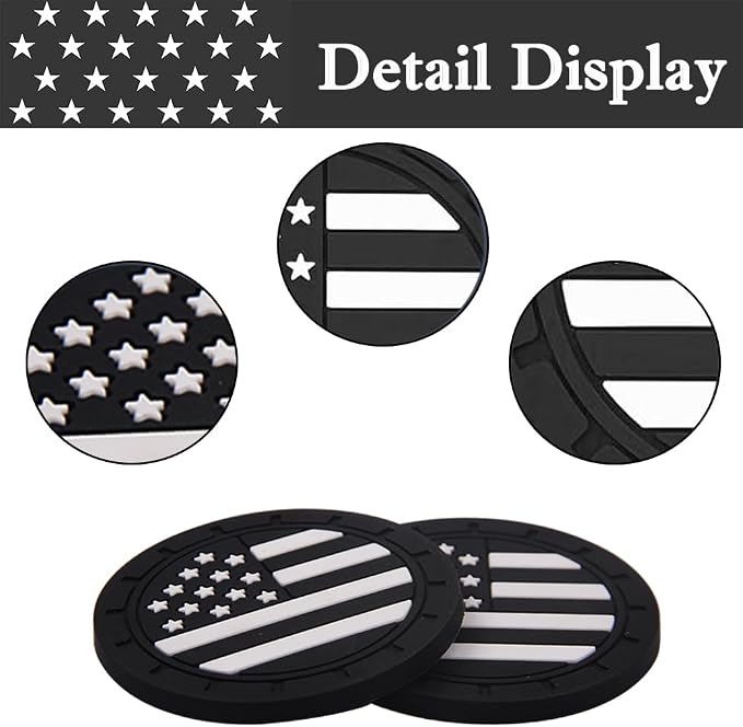2 Pack Car Cup Holder Coaster, 2.75 Inch American Flag Soft Rubber Pad Set Round Auto Cup Holder Insert Drink Coaster Car Interior Accessories (Black White)