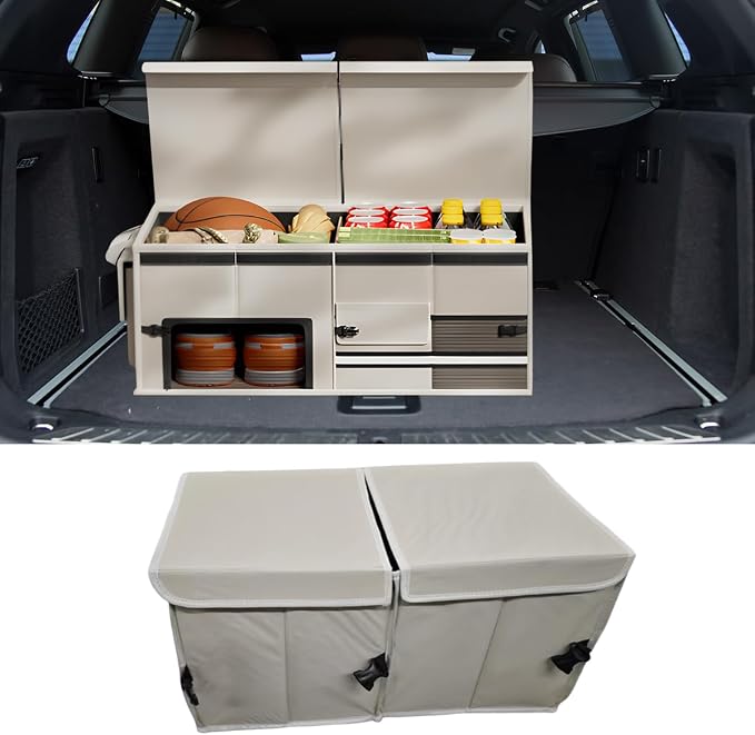 Car Trunk Organizer, Collapsible Multi Compartment Car Storage Box with Lid & Reinforced Handles, Adjustable Waterproof Storage Organizer Accessories for SUVs Cars Trucks (Beige)