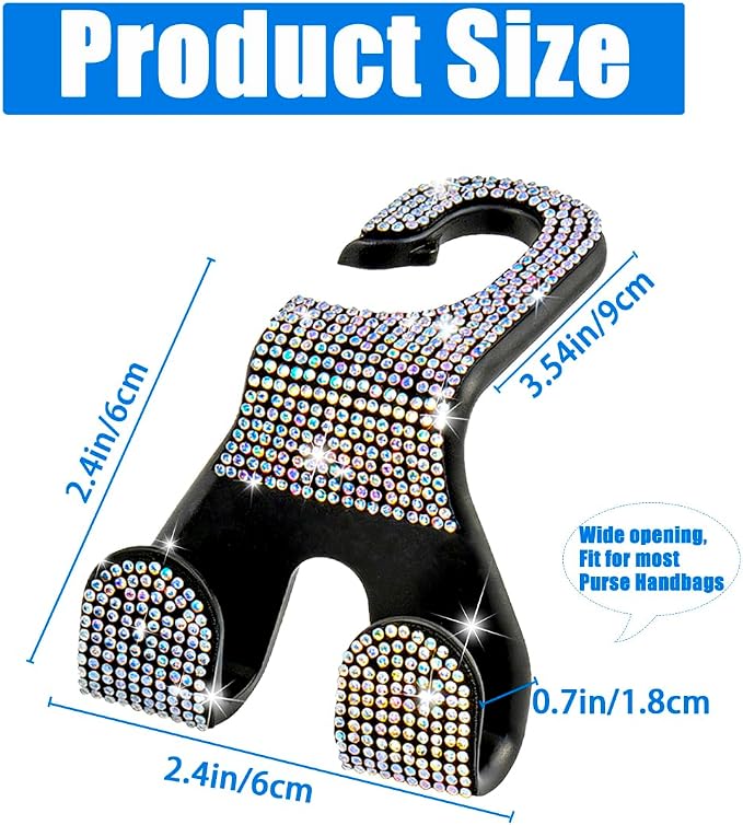 Car Headrest Hooks Bling, 2 in 1 Purse Hook for Car Seat Hooks Rhinestone Purse Hangers Holder Universal Bag Hooks Bling Car Accessories for Women 2pcs, AB Bling