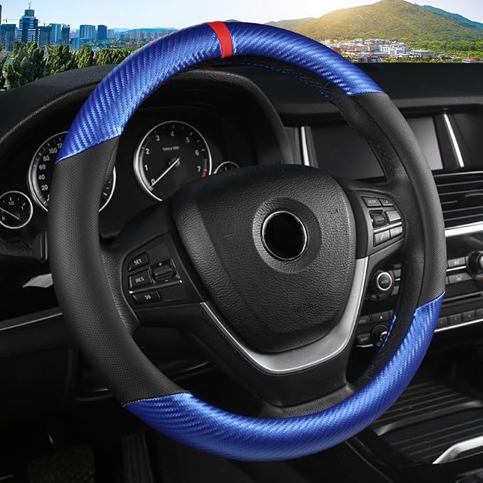 Carbon Fiber Steering Wheel Cover, Universal 15 Inch for Men Women, Breathable Microfiber Leather, Anti-Slip Inner Lining, Sporty Design, Cool in Summer Warm in Winter (Carbon Fiber Blue)