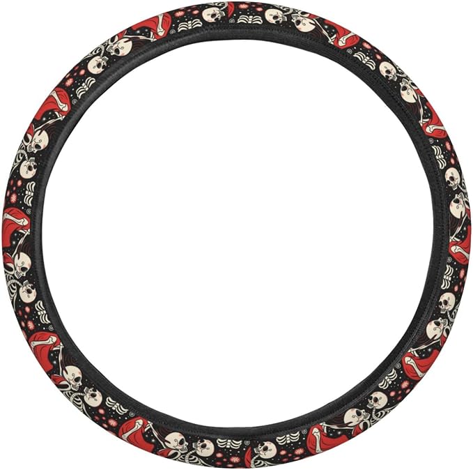 Skull Skeletons Fall in Love Dancing Steering Wheel Covers Anti-Slip Elasticity Car Accessories Steering Wheel Protector Universal 15 Inch for Cars SUV Vehicle Truck