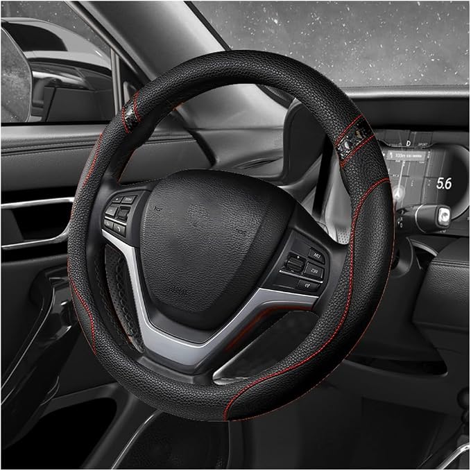 Car Steering Wheel Cover, 15 Inch Premium Leather Breathable Non-Slip Wheels Wrap, Universal Auto Comfortable Steering Wheel Protector for SUV Truck Van, Car Accessories (Black)