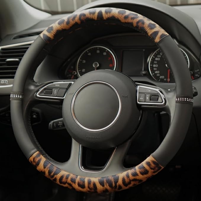 Leopard Steering Wheel Cover, Made with Breathable Microfiber Leather Cheetah Print, Anti-Slip, Universal Fit 14 1/2 inches to 15 inches, Black