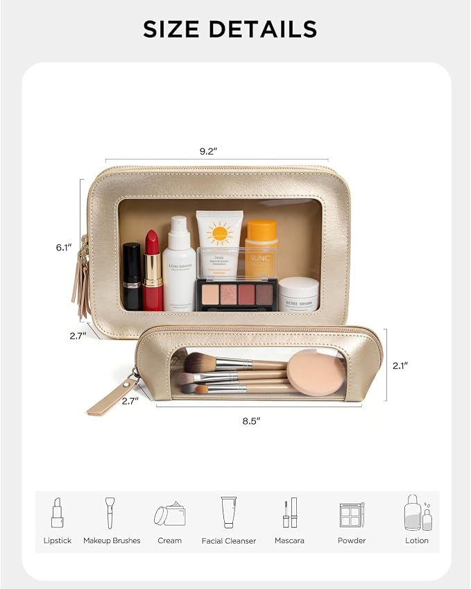 2Pack Clear Makeup Bags, Makeup Pouch for Purse Slim Make Up Brush Bag for Girls Car Accessories Essentials for Women(2Pack-Gold Set)