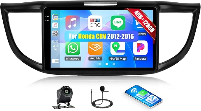 4G+128G for Honda CRV 2012-2016 Android 15 Car Stereo Radio with Wireless CarPlay Android Auto, 9”1280 * 720P IPS Touchscreen, Bluetooth5.0, GPS, WiFi, AHD Rear Camera, EQ, Split Screen, SWC