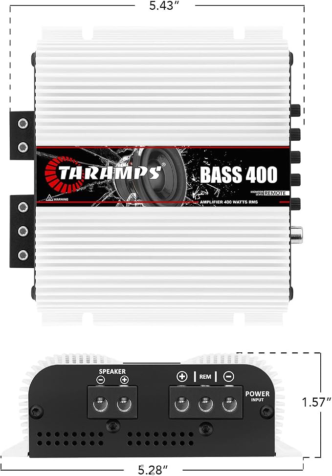 Bass 400 2 Ohms Monoblock Amplifier 400 Watts Rms 1 Channel 14.4VDC Out Power Full Range, Great for Sub/Bass - Rca/High Level Input, Car Audio