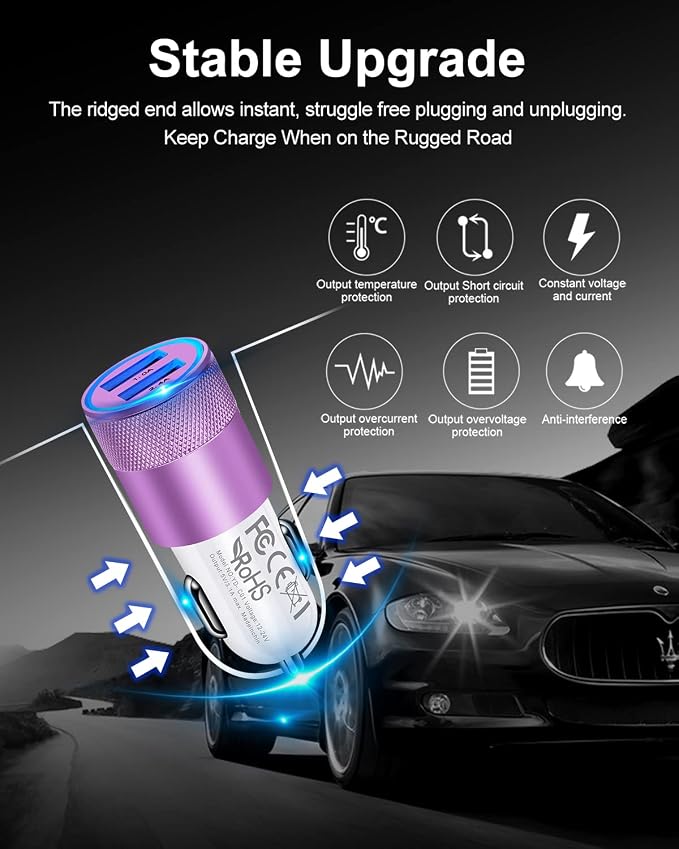 USB Car Charger, Automobile Lighter Adapter Dual Port Cigarette Cargador | 12v Cell Car Phone Charger for Samsung, iPhone, Google, Kindle, Double Port 3.4a Fast Charging Power Block