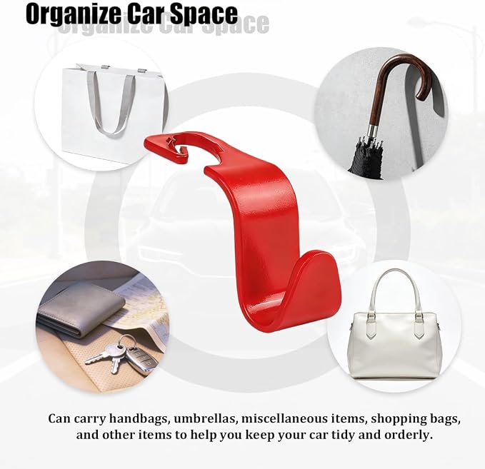 Car Seat Headrest Hook, 4PCS Vehicle Seat Back Hanger Storage Organizer for Handbag Purse Coat, Auto Interior Headrest Hook, Universal for SUV Automobile Truck (Red)
