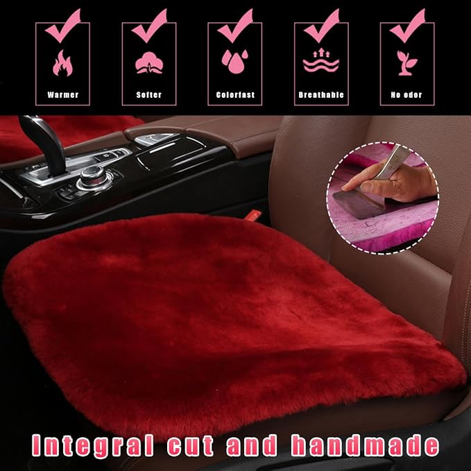 Sheepskin Car Seat Cushion, Comfortable Soft Fur Wool Auto Front Seat Cover, Vehicle Seat Protector Pad for Warm Winter Office Chair, Universal Decor Car Accessories (Wine Red)