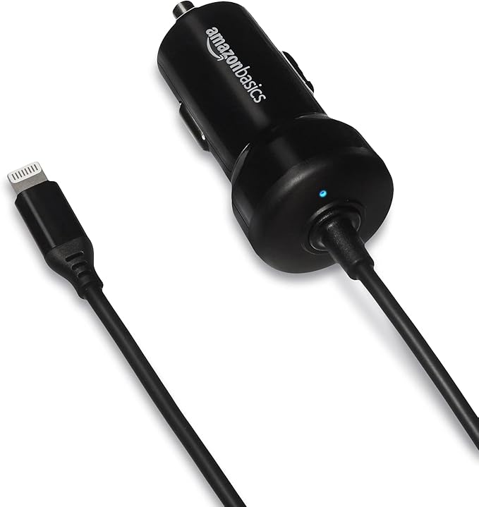 12W (5V, 2.4A) Fast Car Charger with Coiled Lightning Cable, MFi Certified for iPhone, iPad and Apple Devices, 1.5 ft, Black