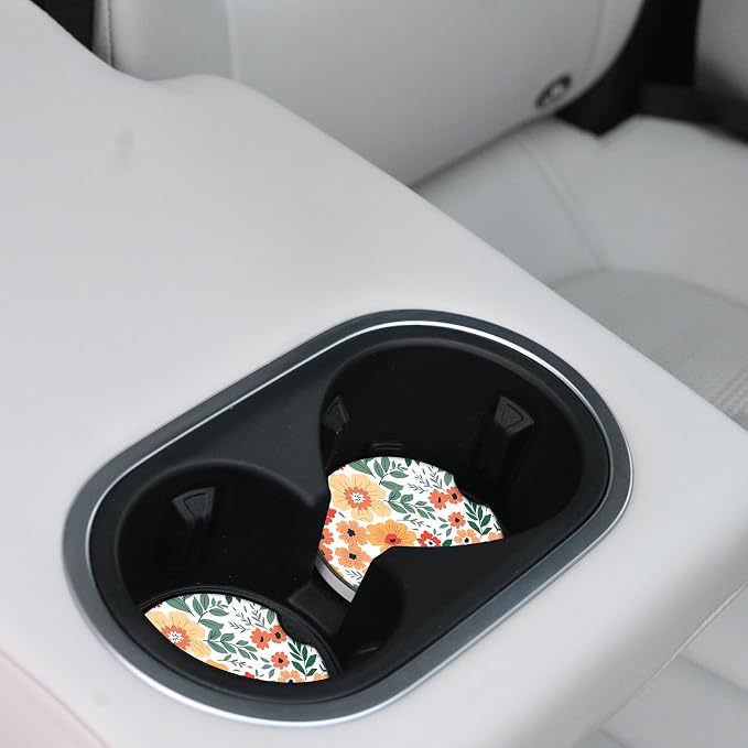 Flowers Absorbent Car Coasters for Cup Holders,2 Pack 2.56" Ceramic Coasters with Cork Back and Finger Slot, Auto Accessories for Women & Men.