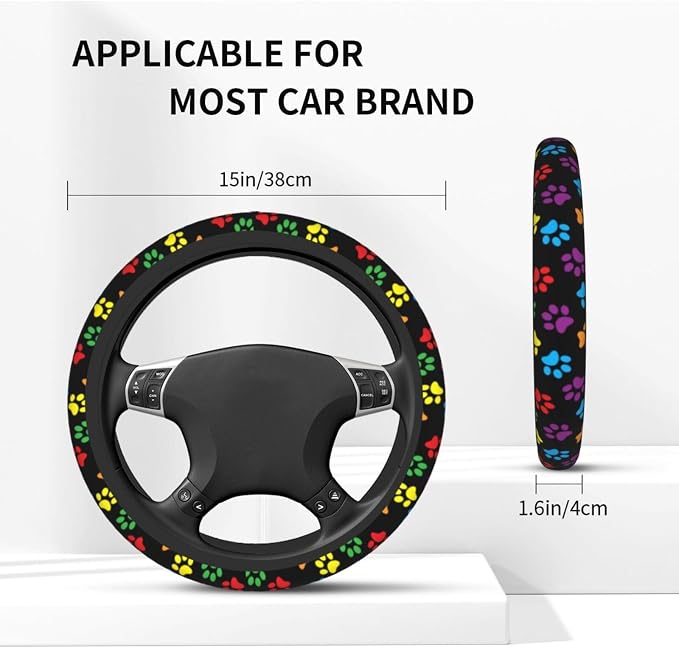 Paw Print Steering Wheel Cover Anti-Slip and Practical 14.5-15 Inch Universal Car Steering Wheel Cover with 2 Pieces Car Coasters Suitable for Men Women