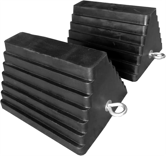 Rubber Wheel Chock, Large 10" x 8" x 6" Heavy Duty Tire Stop with Non Slip All Weather Grip, Oil Resistant Rubber Block with Steel Eyebolt for Vehicle and Trailer Safety (80681) (Pack of 5)