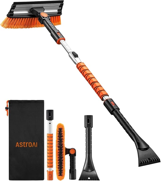 47.2" Ice Scrapers for Car Windshield, 3 in 1 Sturdy Snow Brush with Squeegee, 10 Adjustable Length Settings, Extendable Aluminum Handle, 180° Pivoting Snow Scraper for Car, Truck, SUV(Orange)