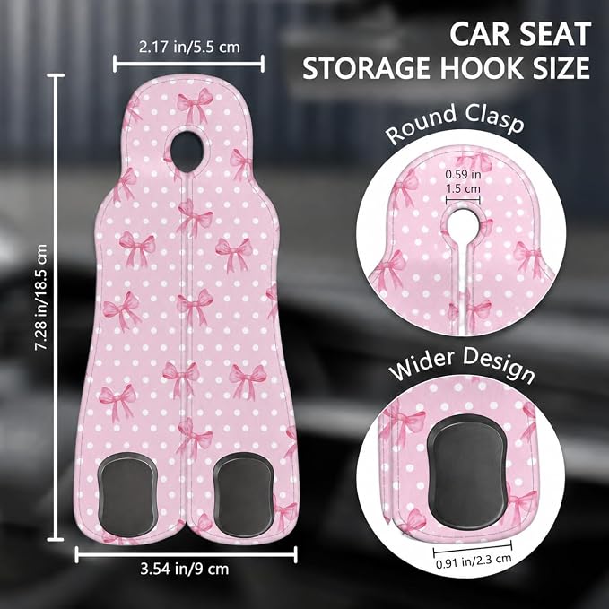 Cute Pink Bow Car Seat Back Storage Headrest Hooks for Purses & Bags – 2PCS PU Leather Dual Metal Hooks, Backseat Organizer Accessories