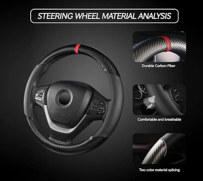 Carbon Fiber Steering Wheel Cover, Universal 15 inch Breathable Microfiber Leather Steering Wheel Covers for Men and Women, Anti Slip Car Interior Accessories, Black