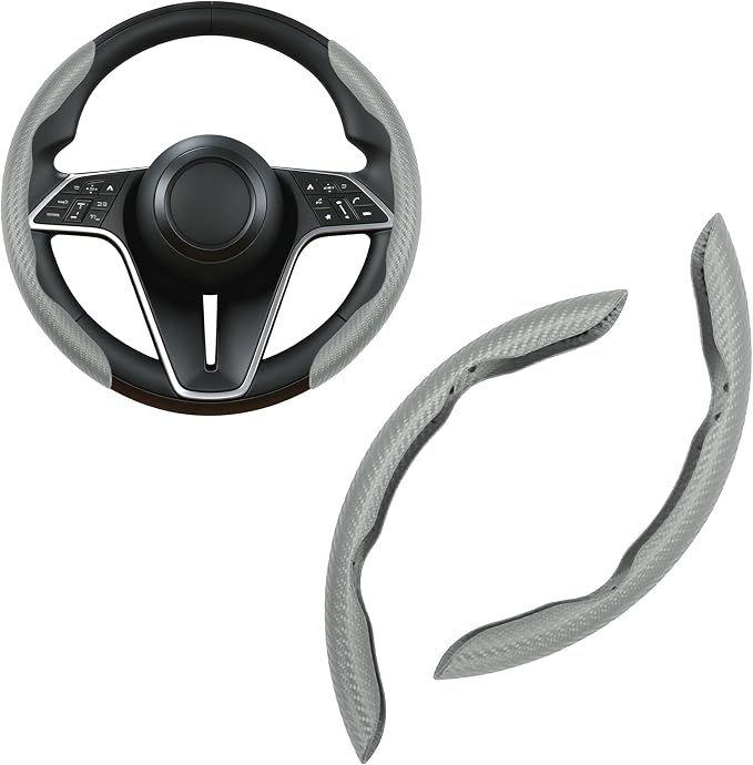 2Pc Carbon Fiber Steering Wheel Cover Universal Fit 99% Cars | Non-slip soft grip, easy to wipe clean, quick to install, perfect for daily commutes and road trips, Gray