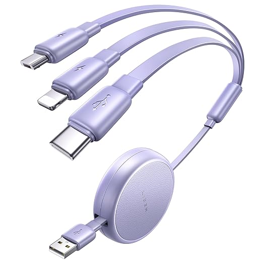 3 in 1 Retractable Car & iPhone Charger Cord, Type C/L/Micro USB for iPhone/Samsung/PS/Kindle, Purple