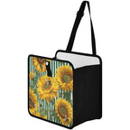 Car Trash Can Organizer Bin with Adjustable Strap for Back Front Seat Console Waterproof Leakproof Collapsible Portable 11 Inch Green Striped Sunflowers and Honey Bees