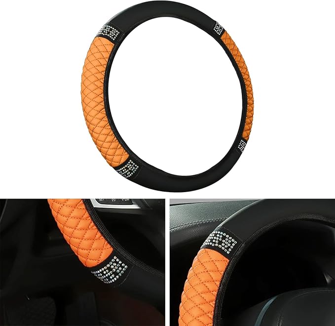 Bling Car Steering Wheel Cover, 15 Inch Rhinestones Soft Leather Elastic Steering Wheel Protector, Sparkly Crystal Diamond for Women, Car Interior Accessories for Most Cars (Orange)