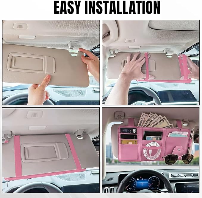 Car Sun Visor Organizer, Truck Visor Organizer, Leather Multi-Pocket Auto Visor Storage Pocket Pouch Holder with Zipper, Auto Accessories Storage Bag for Driving License Card Pen (Pink)