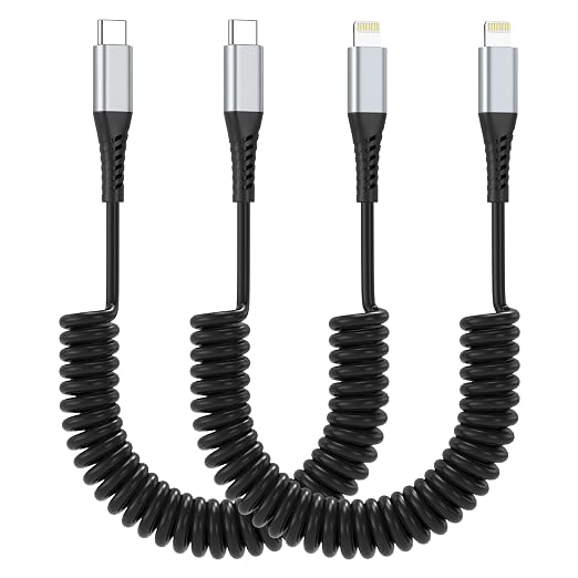 Coiled USB C to Lightning Cable, 2 Pack Retractable iPhone Charging Cable for Car, 3FT USBC to Lightning Cable for iPhone 14 13 12 11 Pro Max Mini 10 8 7 Plus XR XS SE, AirPod