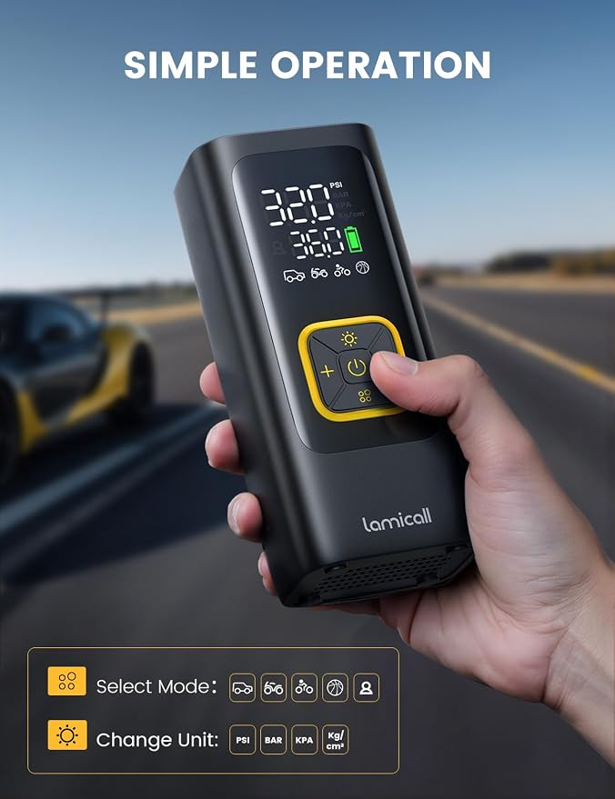 Car Tire Inflator Portable Air Compressor - [4X Faster][150 PSI] Bike Air Pump, Rechargeable Battery, Pressure Gauge Display, LED Light, Automatic Car Cordless Pump for Motorcycle, Bike, Ball