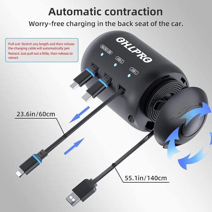 Multi Car Retractable Backseat 3 in 1 Car Charging Station Box Compatible with All Phones | iPhone | Samsung | Uber Taxi Lyft Turo Ride Share Customer Charging Dock Attach to Headrest
