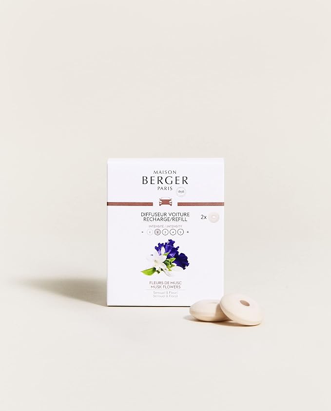 Car Diffuser Refill Set, Musk Flowers | Tuberose Jasmine White Musk Notes, 2 Ceramic Inserts, Fits Vent Clips, 4-Week Diffusion, Made in France
