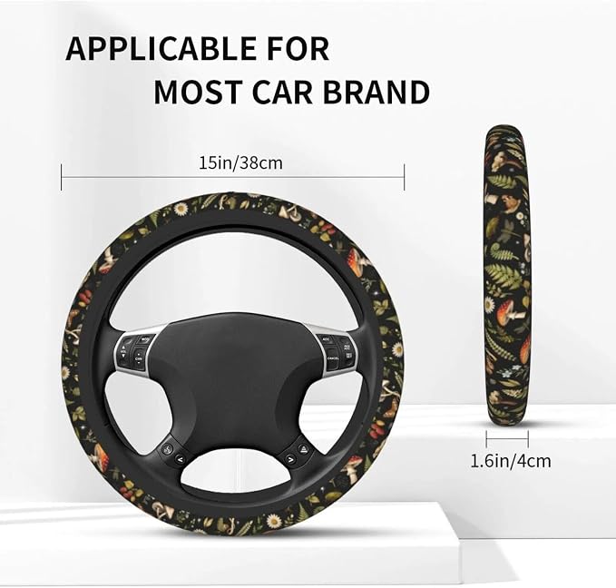 Vintage Mushroom Steering Wheel Cover Universal 14.5-15 Inch, Non-Slip Retro Mushroom Car Accessories for Women Men