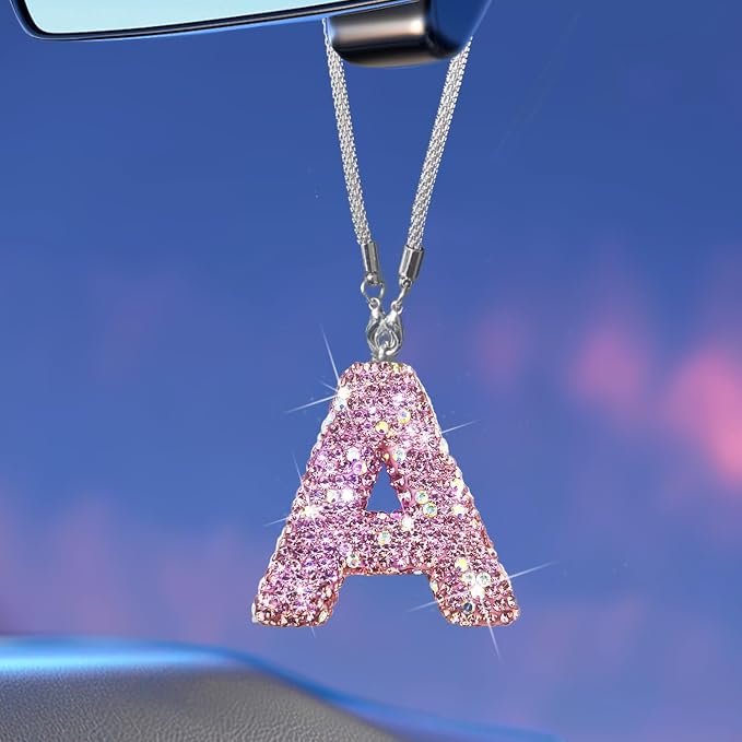 Bling Pink Car Accessories for Women Letter Charm, Rainbow Color Rear View Mirror Cute Crystal Pendant Car Decorations, Lucky Gifts Girly Diamond Rhinestone Charm Letter A