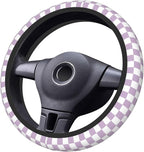 Light Purple Checkered Steering Wheel Cover for Women, Universal Auto Steering Wheel 14-15 Inch Car Interior Accessories with 2PCS Car Coasters, Suitable for Men and Women