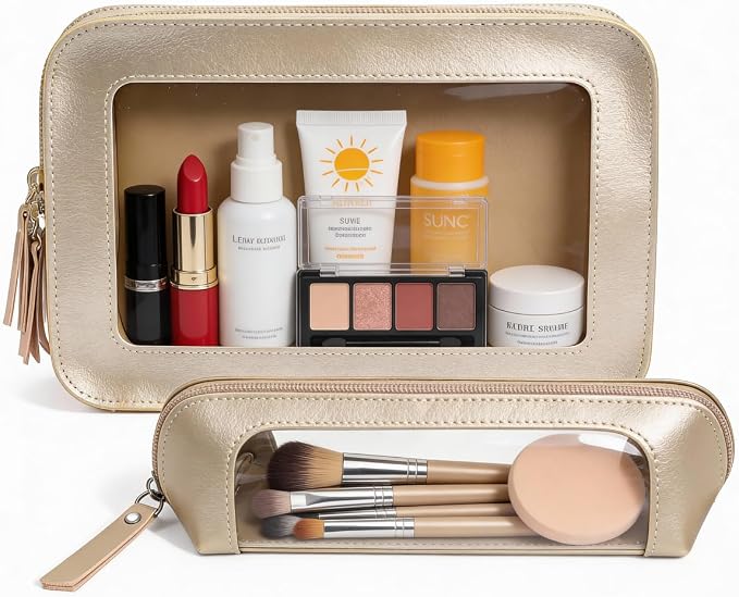 2Pack Clear Makeup Bags, Makeup Pouch for Purse Slim Make Up Brush Bag for Girls Car Accessories Essentials for Women(2Pack-Gold Set)